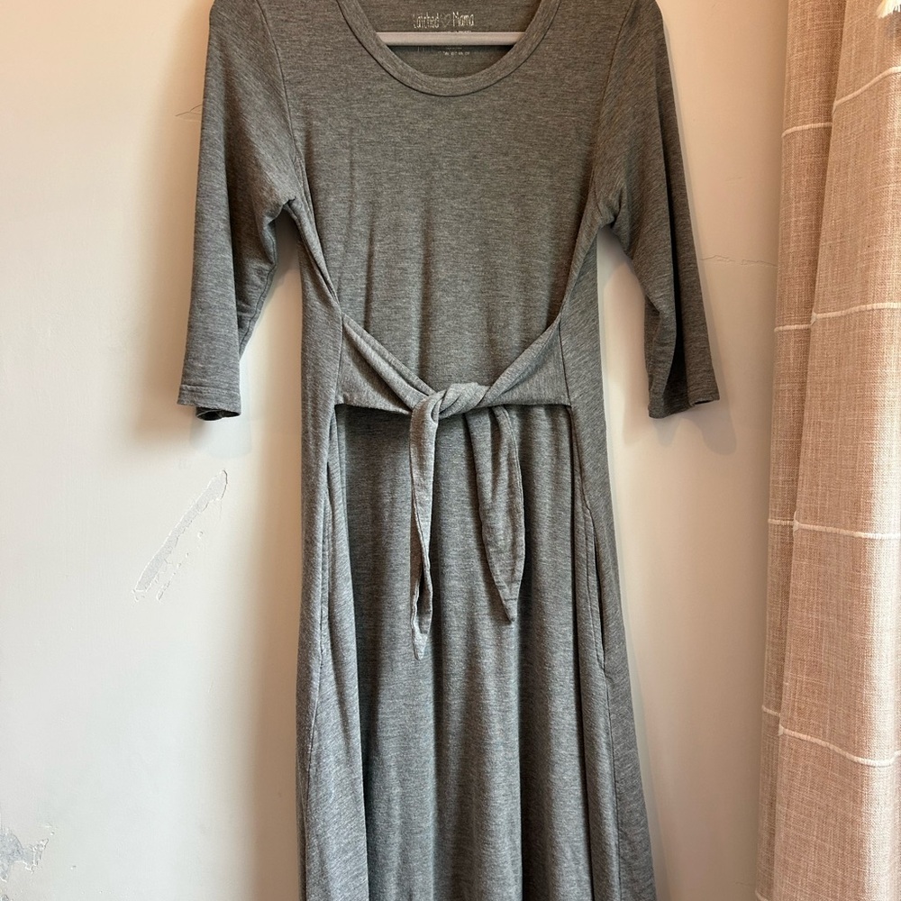 Latched Mama Gray Midi Dress with Tie Front